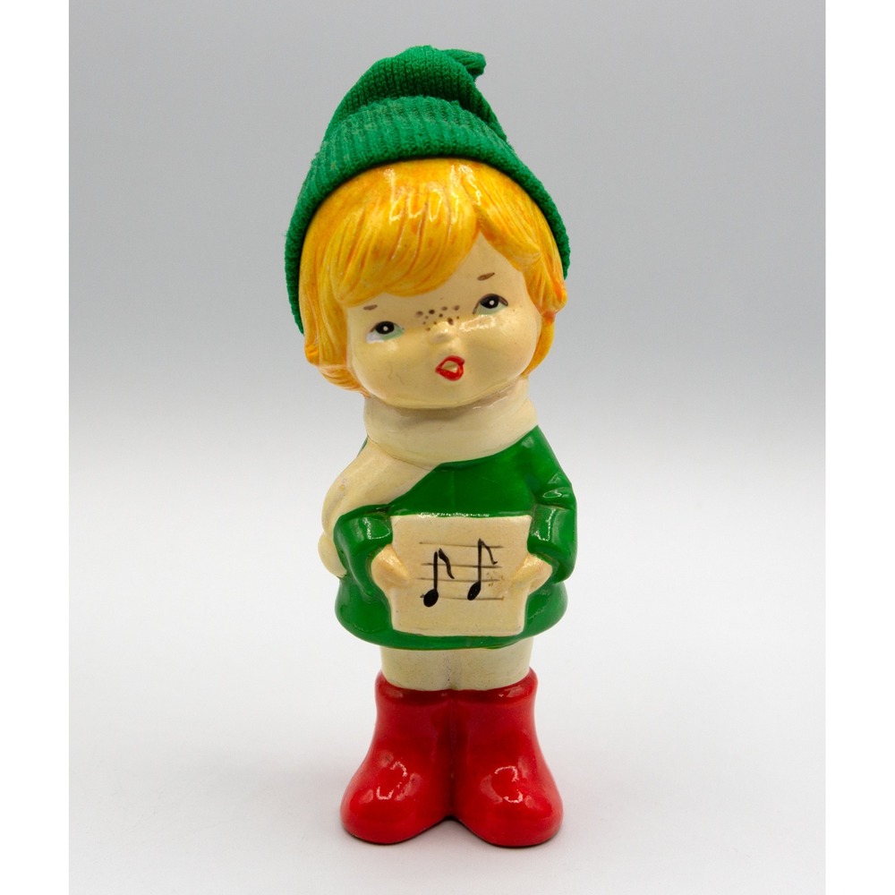 Vintage Christmas Caroler‎ Figurine Green Knit Hat Girl Singing Korea 6.5 Inch